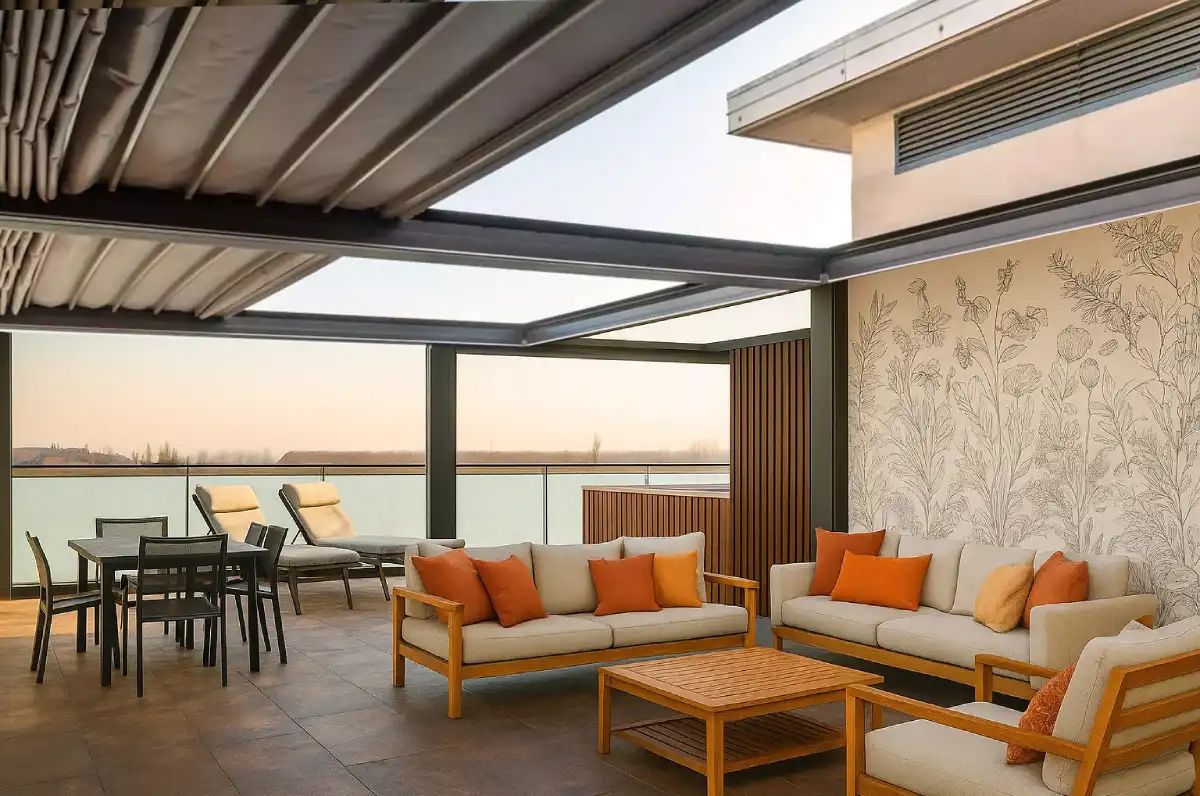 terraza con pergola de lona tensada
