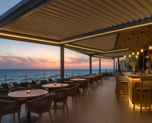 terraza cafeteria con Pérgolas Bioclímáticas