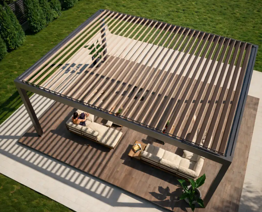 pérgola bioclimática autoportante en jardín