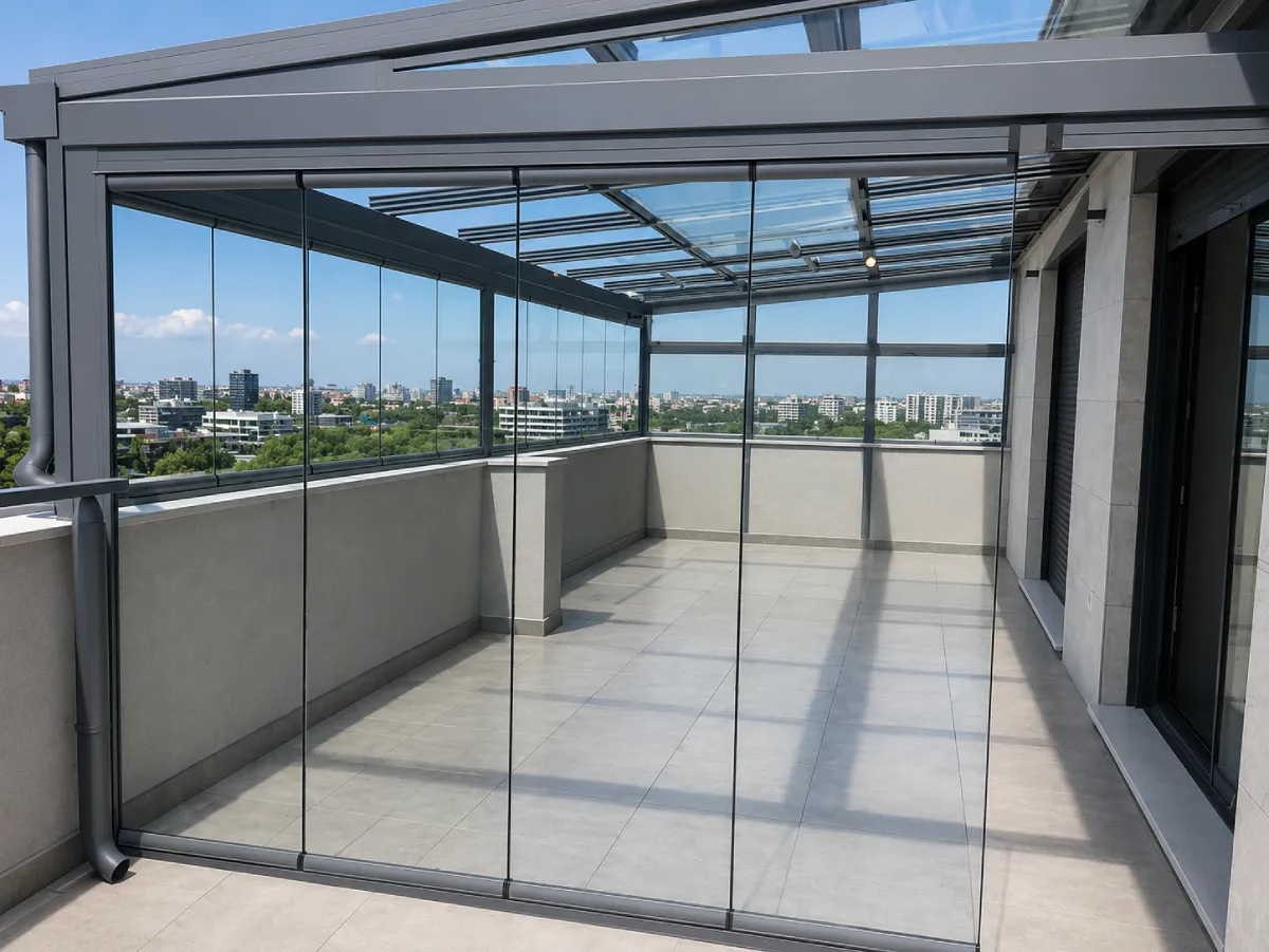 Cortinas cristal áticos Cortina de cristal de vidrio templado en azotea expuesta al viento