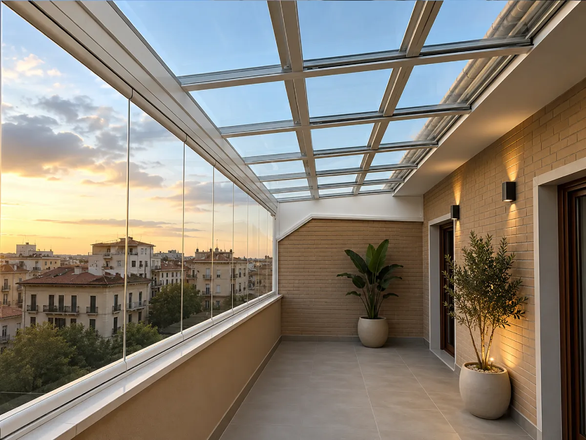 Cortinas de cristal instaladas en la terraza de un ático con vistas panorámicas Interior de un ático cerrado con cortinas de cristal sin perfiles verticales