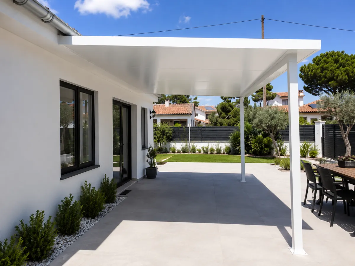 Cubierta de panel sándwich con estructura de aluminio sobre una terraza Cubierta de panel sándwich con estructura de aluminio sobre una terraza