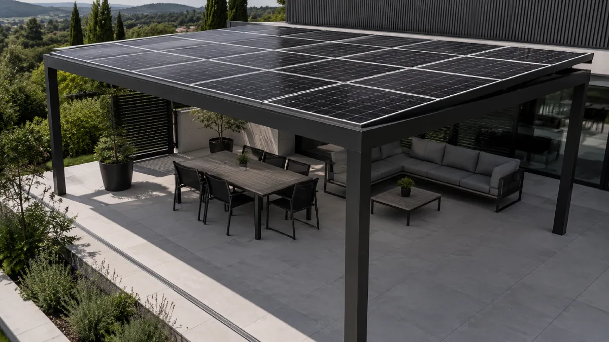 Paneles solares opacos estándar Paneles solares opacos estándar sobre la cubierta de una pérgola