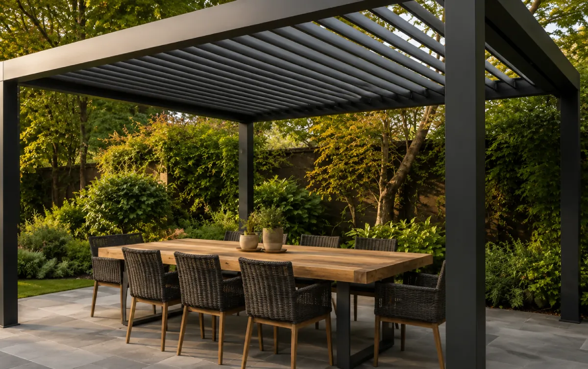Pérgola bioclimática autoportante Pérgola bioclimática autoportante sobre cuatro pilares en un jardín