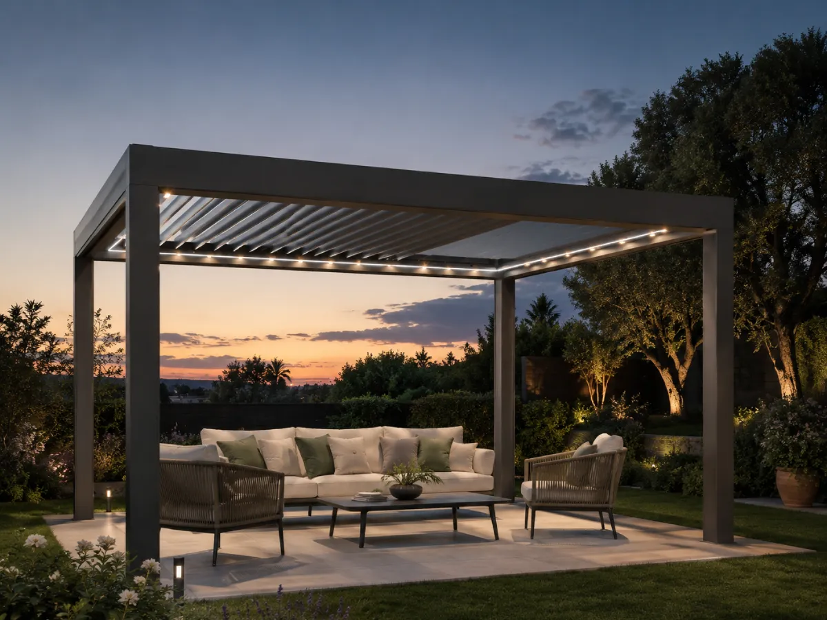 Pérgola bioclimática retráctil autoportante Pérgola bioclimática retráctil autoportante iluminada en un jardín al atardecer