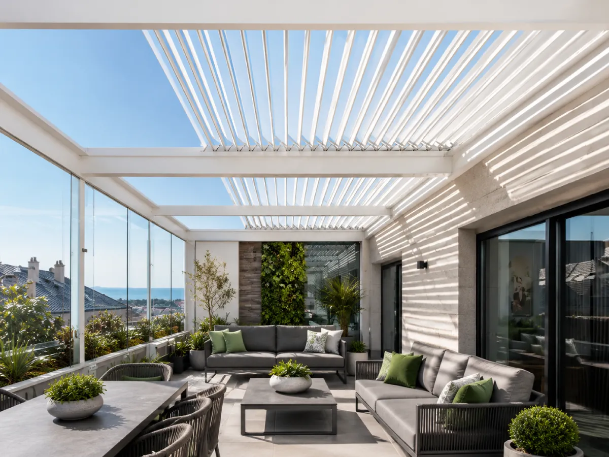Pérgola bioclimática retráctil blanca Pérgola bioclimática retráctil blanca en una terraza cerrada con vistas al mar