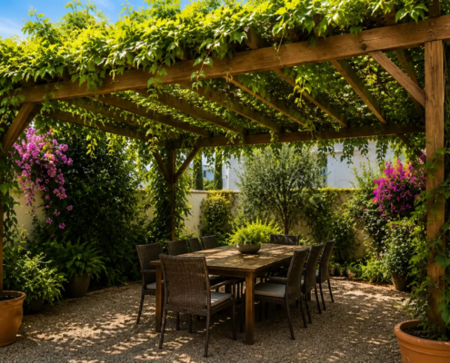 Pérgola de madera cubierta con plantas trepadoras Pérgola de madera cubierta con plantas trepadoras
