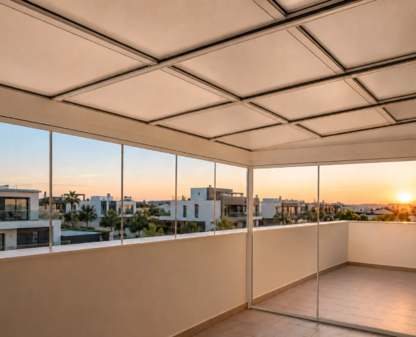 Techo móvil de panel sándwich cerrado sobre una terraza