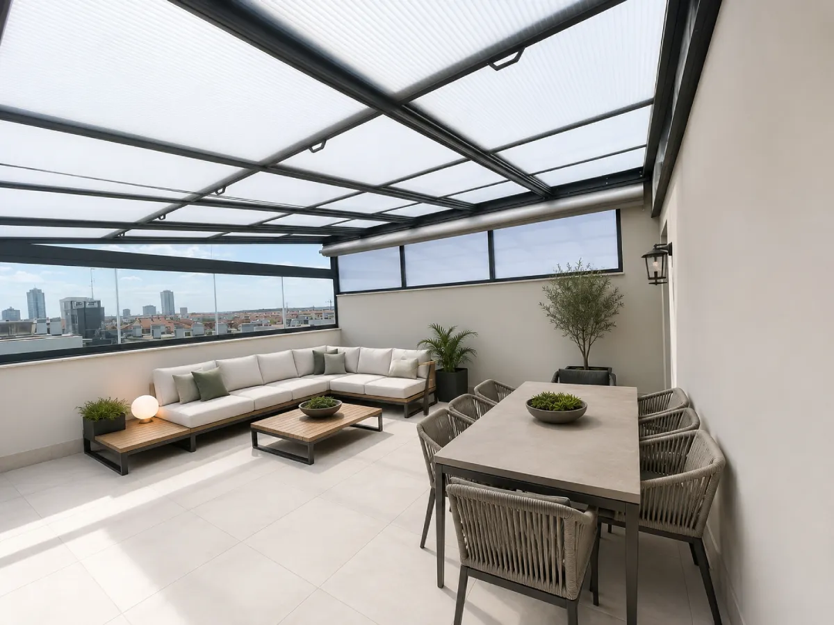 Techo móvil de policarbonato sobre una terraza