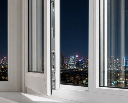 Ventanas practicables o abatibles de PVC Ventanas abatibles de PVC con vistas a la ciudad de noche