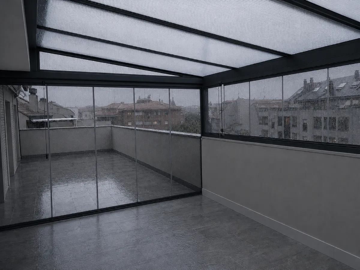 ático cerrado con techo fijo policarbonato y cortinas cristal bajo lluvia ático cerrado con techo fijo policarbonato y cortinas cristal bajo lluvia