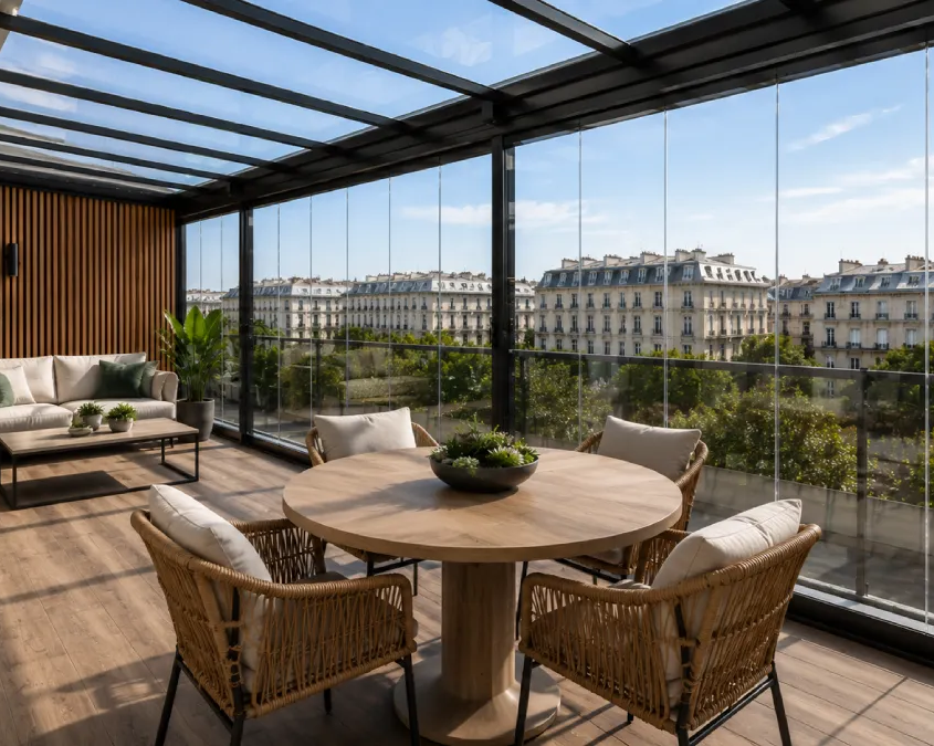 cortinas de cristal para áticos Cortinas de cristal instaladas en la terraza de un ático con vistas panorámicas