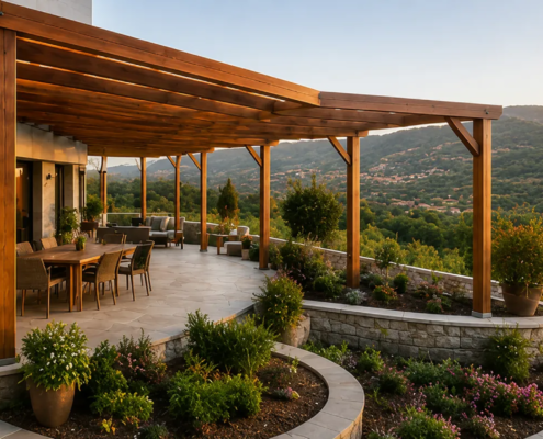 Pérgola de madera a medida adaptada a una terraza irregular Pérgola de madera a medida adaptada a una terraza irregular