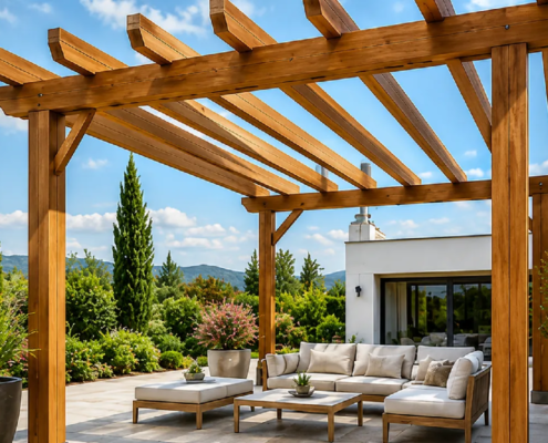 Estructura abierta de una pérgola de madera con vigas superiores Estructura abierta de una pérgola de madera con vigas superiores