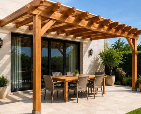 Pérgola de madera adosada a la fachada de una vivienda Pérgola de madera adosada a la fachada de una vivienda