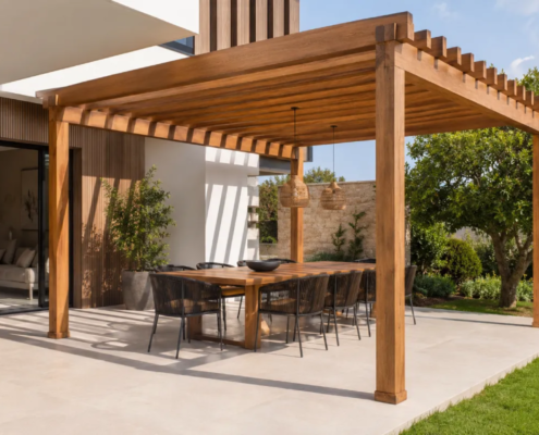 Pérgola de madera adosada instalada en una terraza Pérgola de madera adosada instalada en una terraza