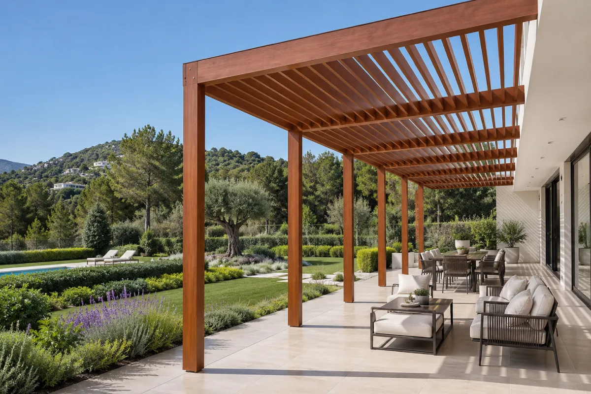 Pérgola de madera adosada instalada en una terraza Pérgola de madera adosada instalada en una terraza