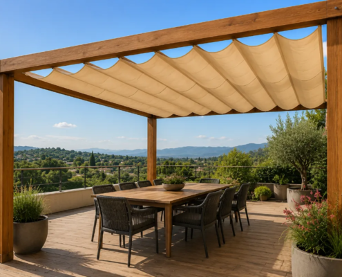Pérgola de madera con lona de sombra sobre una terraza Pérgola de madera con lona de sombra sobre una terraza