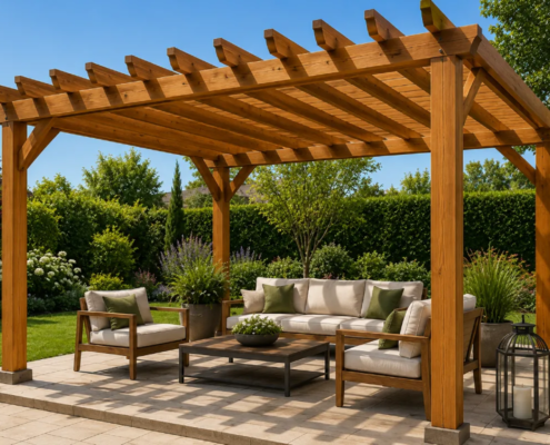 Pérgola de madera independiente instalada en un jardín Pérgola de madera independiente instalada en un jardín