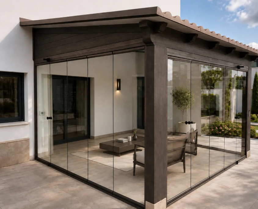 Cerramiento de madera y cristal cerrando el porche de una vivienda