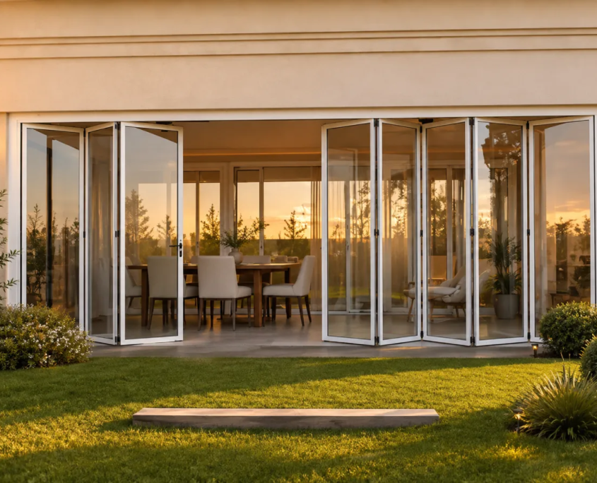 Cerramiento plegable de aluminio y cristal abierto en una terraza