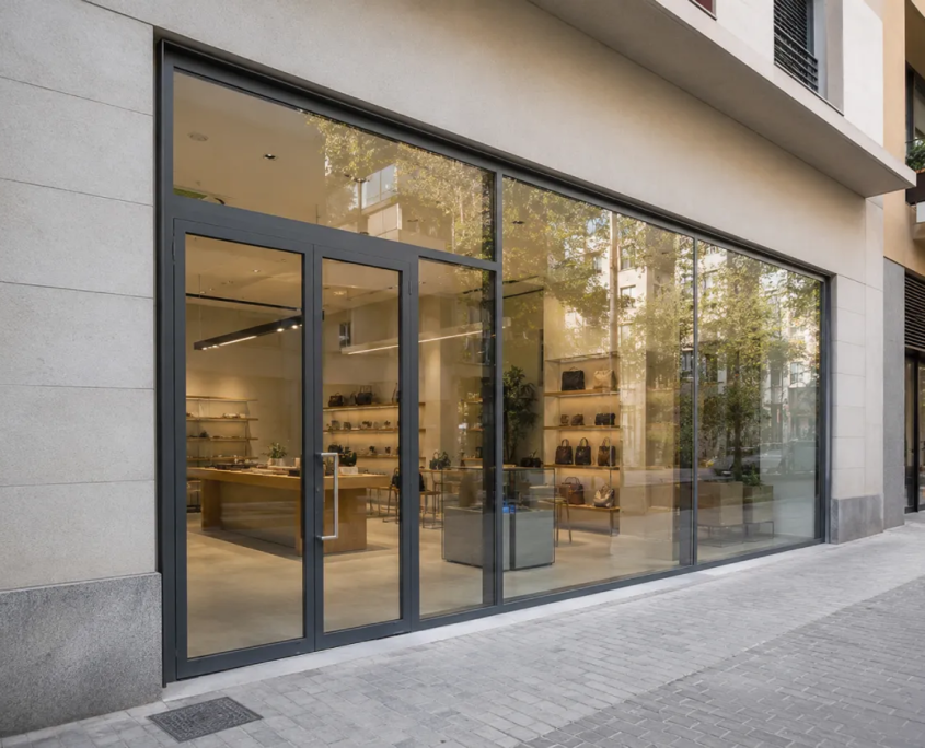 Cerramientos de locales Cerramiento exterior de local comercial con perfiles de aluminio, grandes paños de vidrio y puerta integrada